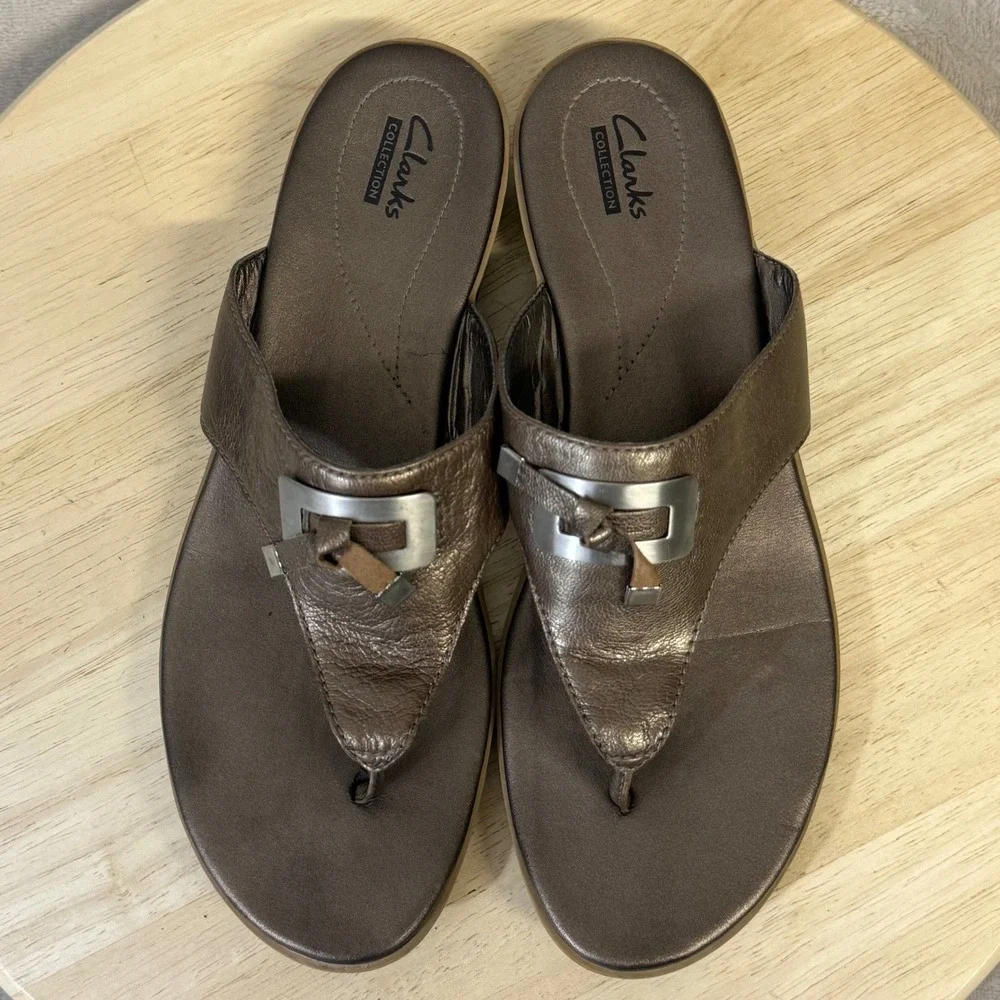 Clarks Collection Bronze Metallic Leather Thong Wedge Sandals Womens 10 26108928
